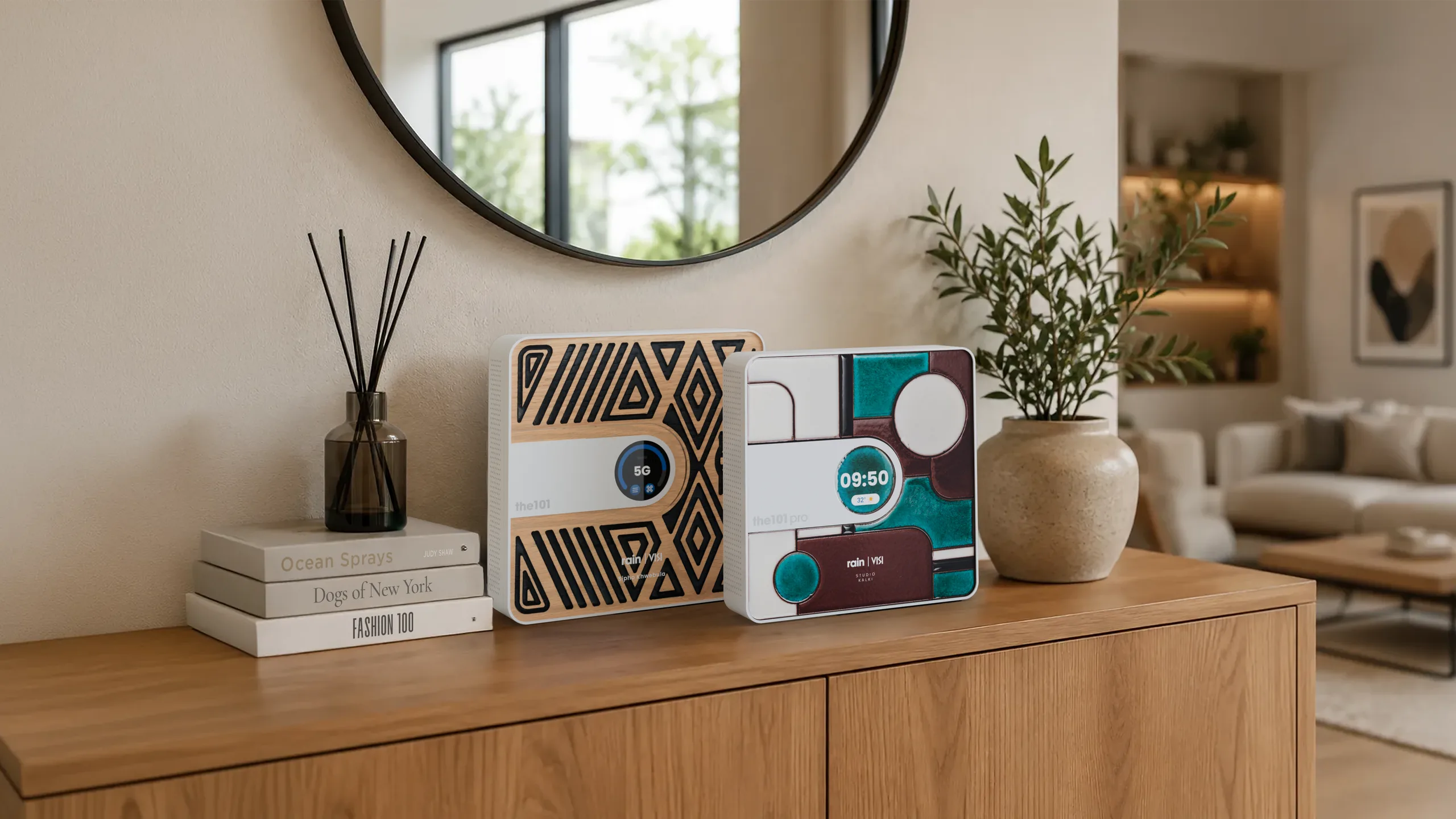 two the101 5G smart routers, dressed in Art Club skins, on a console in a sunlit living room