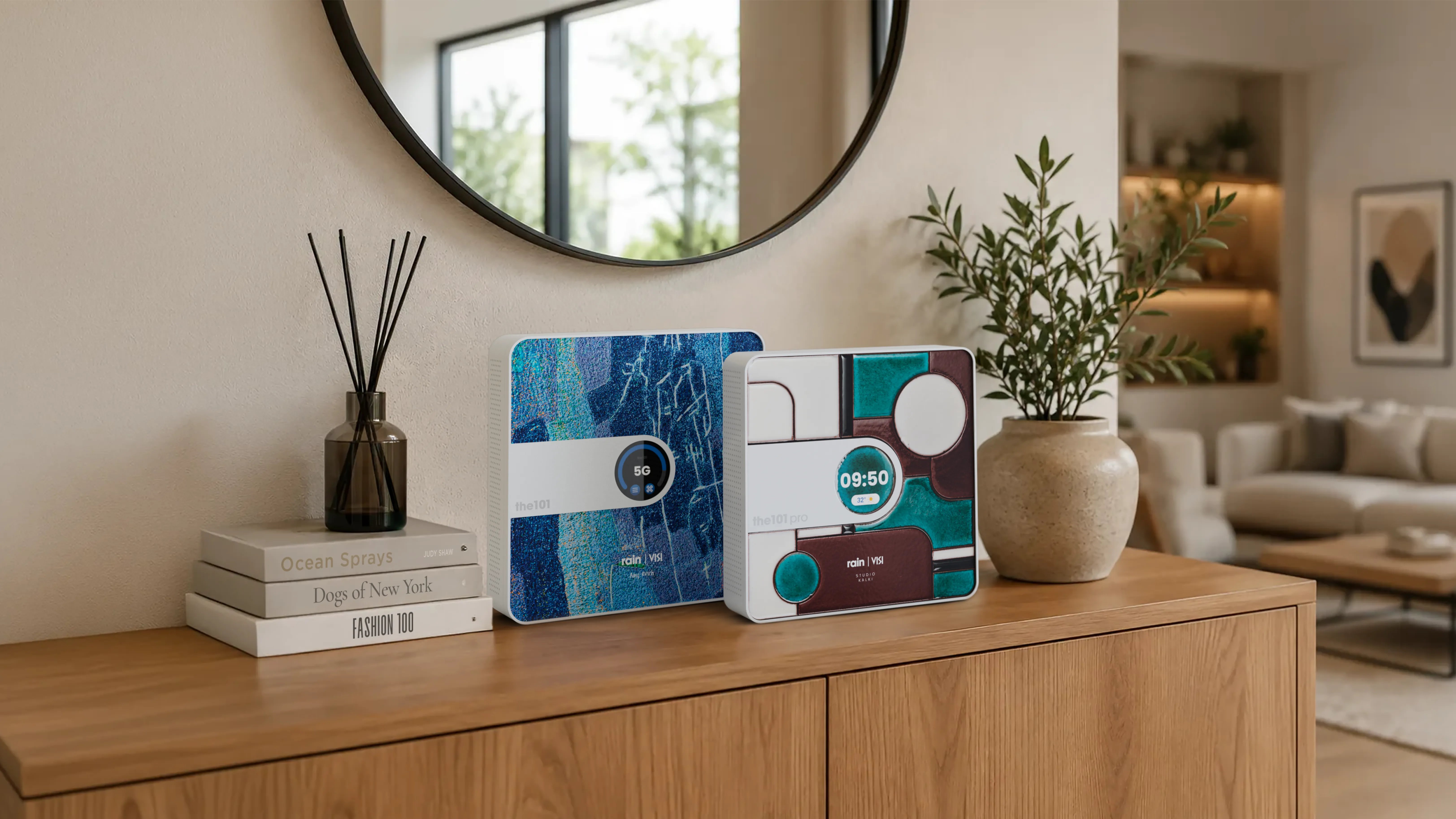 two the101 5G smart routers, dressed in Art Club skins, on a console in a sunlit living room