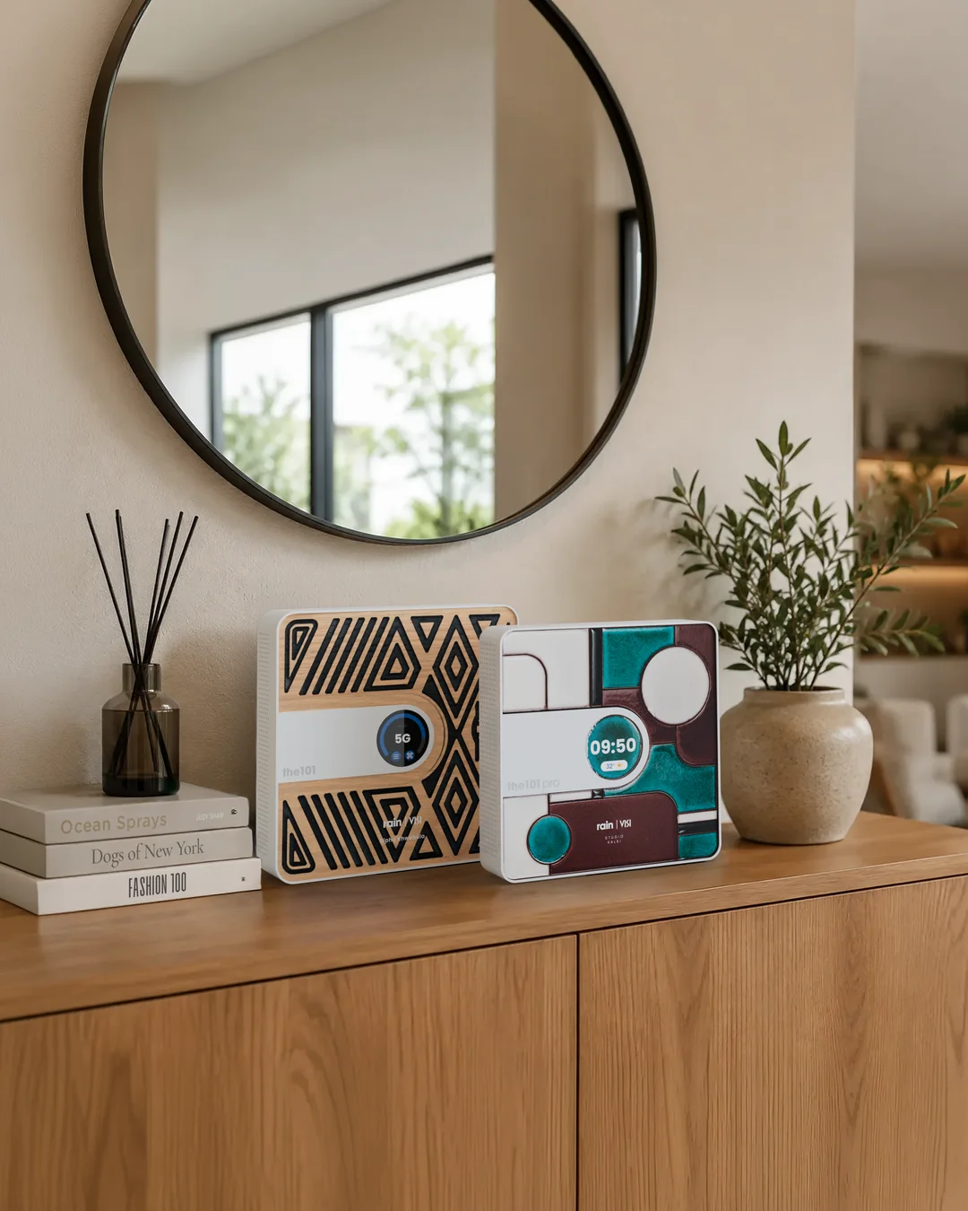 two the101 5G smart routers, dressed in Art Club skins, on a console