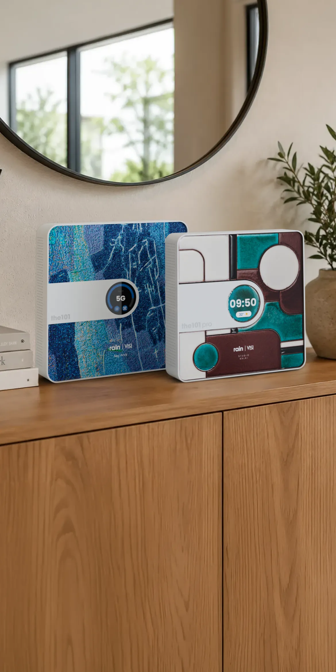 two the101 5G smart routers, dressed in Art Club skins, on a console