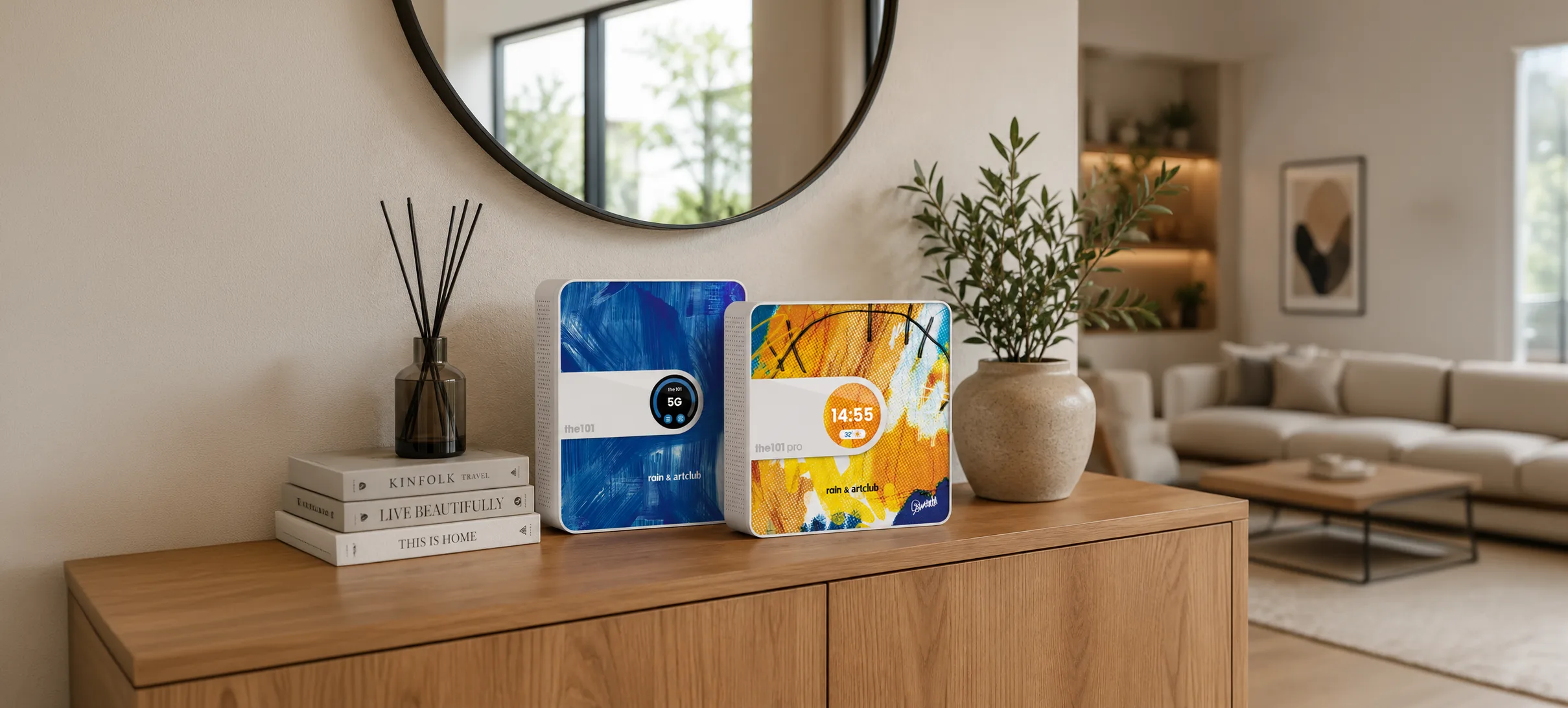 two the101 5G smart routers, dressed in Art Club skins, on a console in a sunlit living room